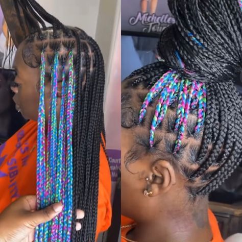 Pink Green And Blue Peekaboo Braids, Pink And Blue Peekaboo Braids, Small Knot Less Braids With Color, Natural Hair Designs Black Women, Colorful Individual Braids, Small Knotless Box Braids Parts, Long Large Knotless Braids With Color, Cute Braids Colors, Pretty Braided Hairstyles Color