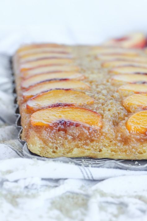 Peach Sheet Cake, Baking With Blondie, Peach Upside Down Cake, Gooey Cake, Holidays 2023, Baked Alaska, Peach Cake, Cake Layers, Vanilla Bean Ice Cream