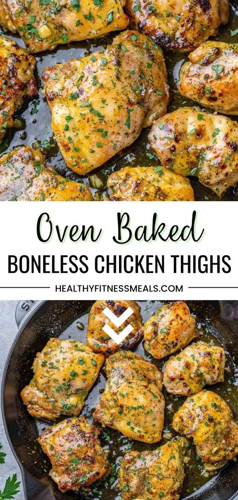 These Oven Baked Boneless Chicken Thighs are so tender, juicy, and packed with flavor. Perfect for any day of the week and great to use over salads or used for sandwiches or tacos. Even though chicken breasts are much leaner than chicken thighs, chicken thighs do come out quite tender and juicy. These baked chicken thighs are boneless and skinless, made with some broth, honey, garlic, and seasonings. Sweet and tangy-flavored chicken is our go-to way to prepare chicken. Oven Baked Boneless Chicken Thighs, Boneless And Skinless Chicken Thighs, Baked Boneless Chicken, Chicken Thighs In Oven, Chicken Thighs Baked, Baked Boneless Chicken Thighs, Oven Baked Chicken Thighs, Healthy Baked Chicken, Low Carb Chicken Recipes