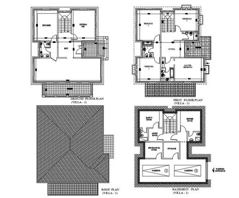 The autocad DWG drawing File shows villa plan of Basement Plan, Ground floor plan, first floor plan and roof plan. Download the Autocad file. - Cadbull Site Development Plan, First Floor Plan, Basement Plans, House Floor Design, Villa Plan, Plan Drawing, Family House Plans, Autocad Drawing, Ground Floor Plan