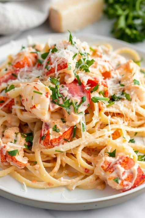 Believe it or not, you can make this creamy lobster pasta in a flash. Elegant yet approachable, it's the perfect blend of simplicity and sophistication. Seafood Pasta With Crab Meat, Lobster Roll Panzanella, Scallop And Lobster Recipes, Lobster Pappardelle Recipe, Seafood Pasta Sauce Recipe, Italian Summer Recipes Dinner, Logastino Lobster Recipes, Langostino Recipes Pasta, Lobster Pasta Creamy