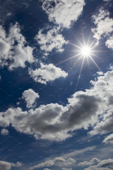 glowing in the sky the sun in the weather with a lot of cumulus clouds and the blue sky, the landscape Blue Sky Photography, Barn Wedding Inspiration, Cumulus Clouds, Creepy Photos, Blue Sky Clouds, Cloud Photos, Sun And Clouds, Cones Crafts, The Blue Sky