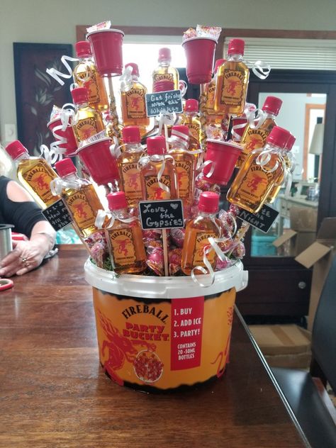 Fireball Gift Basket, Gift Basket Homemade, Alcohol Basket, Alcohol Gift Baskets, Liquor Gift Baskets, Auction Gift Basket Ideas, Fundraiser Baskets, Birthday Cake Gift, Bucket Gifts