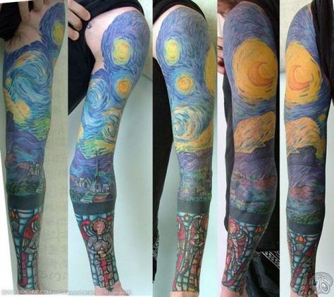 Tattoo of "Starry Night" by Vincent Van Gogh.Wouldn't do a sleeve, but I do love Van Gogh! Night Sleeve Tattoo, Starry Night Tattoo, Frida Kahlo Tattoos, Covered In Tattoos, Van Gogh Tattoo, Art Inspired Tattoos, Tattoo Sleeves, A Starry Night, Painting Tattoo