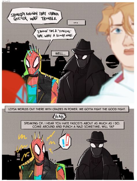 petermj enjoyer on Tumblr Spidernoir And Spiderpunk, Spider Punk And Spider Noir, Spider Noir And Spider Punk, Across The Spider Verse Fanart, Spidernoir Fanart, Hobie Brown Fanart X Yn, Spider Noir Fanart, Punk Tumblr, Spider Noir