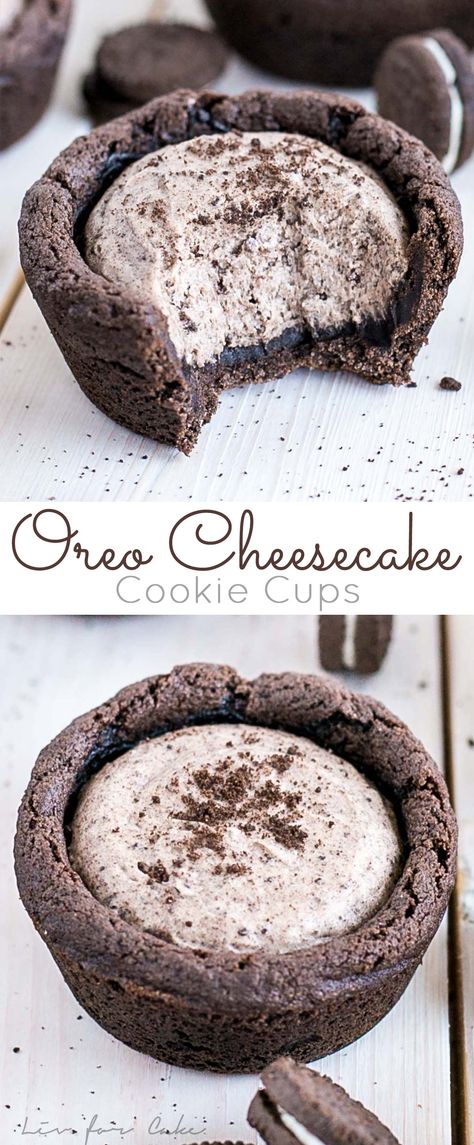 These easy Oreo Cheesecake Cookie Cups are the perfect treat for the Oreo lover in your life! | livforcake.com Easy Oreo Cheesecake, Cheesecake Cookie Cups, Biskut Coklat, Biscotti Cheesecake, Cheesecake Cookie, Oreo Cheesecake Cookies, Oreo Desserts, Cheesecake Oreo, Resepi Biskut