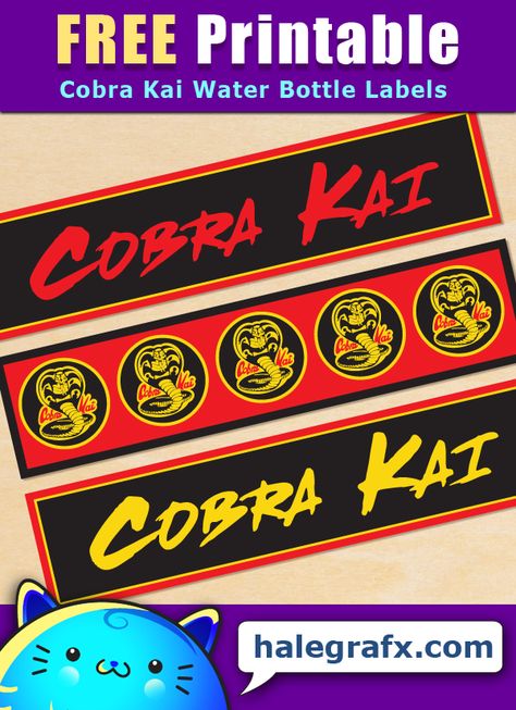 Free Printable Cobra Kai Themed Water Bottle Labels Cobra Kai Party Decoration, Cobra Kai Theme Party, Cobra Kai Party Ideas, Cobra Kai Birthday Party Ideas, Cobra Kai Birthday Party, Art Themed Party, Karate Birthday, Kids Party Planning, Bday Party Kids