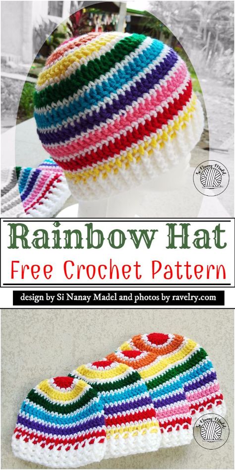 Free Rainbow Hat Crochet Pattern Granny Square Free Pattern, Free Crochet Granny Square, Beanie Hat Crochet Pattern, Crochet Unicorn Hat, Rainbow Beanie, Rainbow Stuff, Crochet Wear, Rainbow Hat, Crochet Hat For Beginners