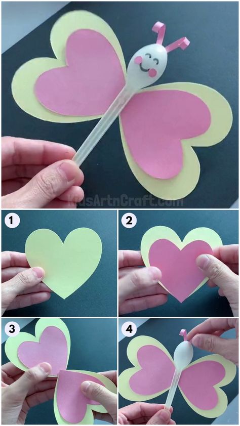 DIY Heart Shape Butterfly Tutorial For Kids Check more at https://www.kidsartncraft.com/diy-heart-shape-butterfly-tutorial/ How To Make Butterfly, Mather Day, Butterfly Tutorial, Shape Butterfly, Diy Heart, Toddler Arts And Crafts, Hand Crafts For Kids, Hand Crafts, Heart With Wings