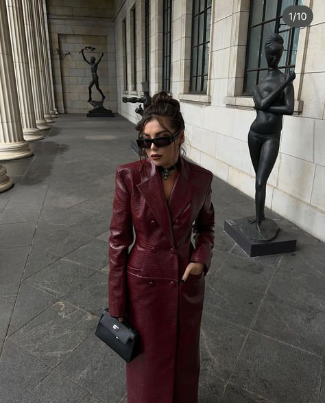 Trench Outfit, Wife Style, Burgundy Outfit, Long Leather Coat, Red Louboutin, Style Inspiration Winter, Red Outfit, Fashion Lookbook, Dog Harness