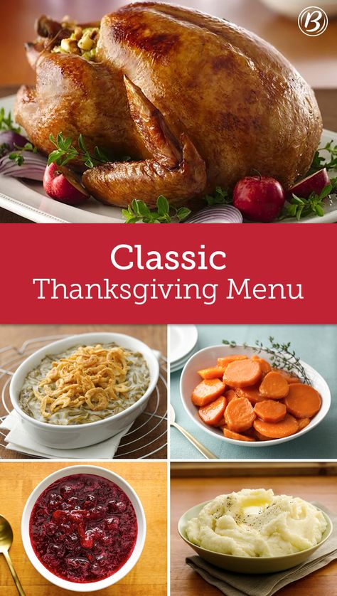 Thanksgiving: It’s the quintessential family celebration and nostalgia rules the day. Planning a traditional meal is easy with the help of this menu that's chock-full of classics, including green bean casserole, scratch cranberry sauce, corn pudding and a juicy roast turkey. Thanksgiving Dinner Recipes Traditional, Classic Thanksgiving Menu, Thanksgiving Essentials, Day Planning, Southern Thanksgiving, Corn Pudding, Thanksgiving Dinner Menu, Thanksgiving Dinner Recipes, Turkey Recipes Thanksgiving