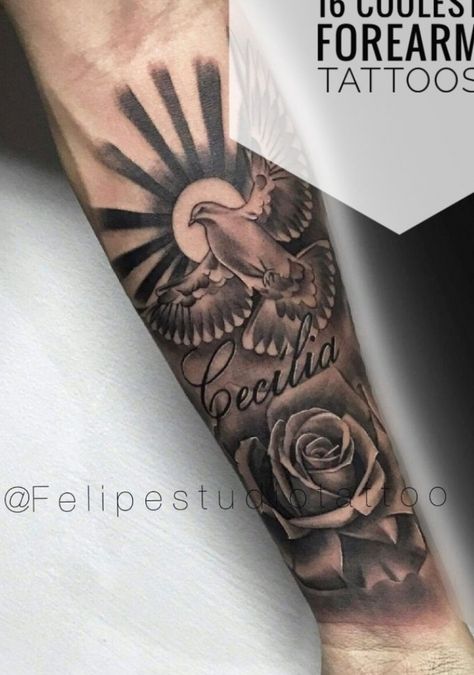 16 Coolest Forearm Tattoos For Men | Cool forearm tattoos ... #tattoosformen #backtattoo Back Of Forearm Tattoo, Forearm Tattoos For Men, Rip Tattoo, Dove Tattoos, Tattoo Placements, Small Forearm Tattoos, Forarm Tattoos, Cool Arm Tattoos, Omerta Tattoo