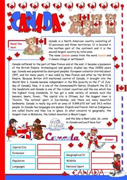 CANADA Canada Printables, Canada For Kids, Canadian English, Esl Reading, Canadian Culture, Text Dependent Questions, Esl Vocabulary, Comprehension Worksheets, Reading Comprehension Worksheets