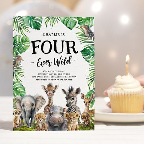 $2.80 | Four Ever Wild Safari 4th Birthday Party #4th birthday party invitations, four ever wild, jungle birthday, safari birthday, kids birthday invitations, zoo, zebra lion giraffe hippo monkey, cute, tropical leaves rainforest foliage, animals Four Ever Wild, Rainforest Leaves, Lush Rainforest, 4th Birthday Party, Wild Safari, Safari Birthday Party, Jungle Birthday, Fourth Birthday, Jungle Party