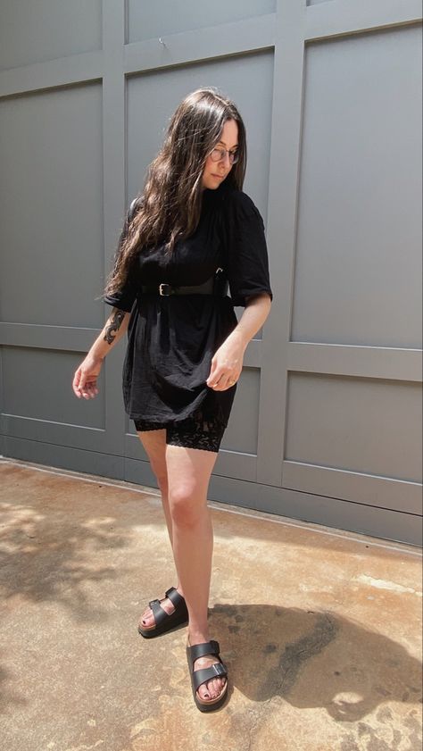 Black tshirt dress outfit. Harness belt outfit. All black summer outfit. Lace biker shorts Anthropologie Dress ASOS shoes BIRKENSTOCK photo Madysen Lace Biker Shorts Outfit, Harness Belt Outfit, Black Tshirt Dress Outfit, Lace Biker Shorts, Black Summer Outfits, Black Tshirt Dress, Tshirt Dress Outfit, Belt Outfit, Shoes Birkenstock