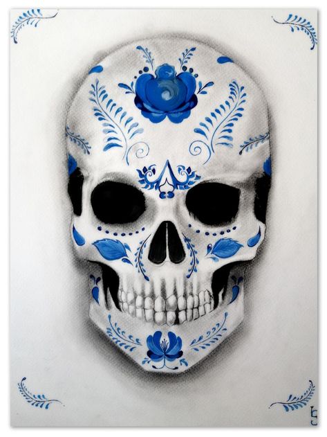 Calavera con detalles de talavera poblana. Grafito y acuarela azul Dia De Muertos, Pop Art, Ceramics, Tattoos, Halloween, Art