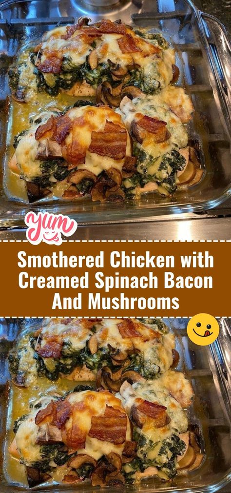 Indulge in the ultimate comfort food with our Smothered Chicken. Tender chicken breasts smothered in a rich, creamy sauce with spinach, bacon, and mushrooms. #ChickenDinner #ComfortFood #CreamyDelight Spinach And Mushroom Smothered Chicken, Mushroom Smothered Chicken, Smothered Chicken With Creamed Spinach, Chicken With Creamed Spinach, Chicken Spinach Mushroom, Spinach And Mushroom, Smothered Chicken, Bacon Stuffed Mushrooms, Bacon Recipe