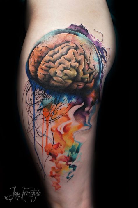 Watercolor brain tattoo Jay Freestyle, Anatomical Tattoos, Scalp Tattoo, Anatomy Tattoo, Brain Tattoo, See Tattoo, Jellyfish Tattoo, Facial Tattoos, Tattoo Magazines