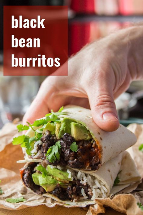 Easy, delicious, and incredibly satisfying, these black bean burritos are the weeknight dinner you need in your life. Made with layers of Mexican-spiced black beans, coconut rice, and creamy avocado slices, these vegan burritos are great for meal-prep and budget-friendly! #burritos #veganrecipes #blackbeans #mexicanfood Beans For Burritos, Black Bean Burrito Recipe, Black Bean Burritos, Vegan Burritos, Black Bean Burrito, Bean Burrito, Bean Burritos, Black Bean Recipes, Vegan Mexican Recipes