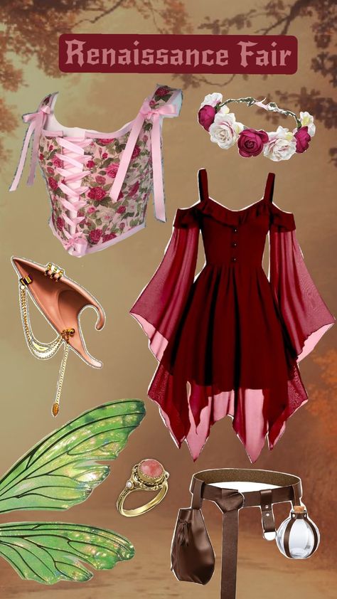 Renaissance Fair Fairy Outfit #renfair #pinkfairy #fairycore #outfitinspo #outfit #renaissancefair #flowercrown Ren Fair Outfits Fairy, Ten Faire Outfit Fairy, Ren Fest Fairy, Red Fairy Costume, Fairy Party Outfit, Ren Faire Outfits Fairy, Renicansse Fair Outfits, Fairy Ren Faire, Fairy Outfit Ideas