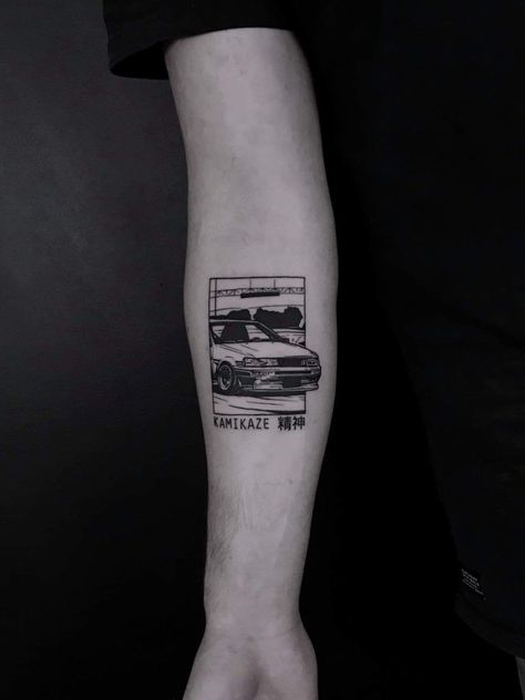 Editor Tattoo Ideas, Car Patchwork Tattoo, Jdm Car Tattoo Ideas, Tattoo Ideas For Car Guys, Car Tattoo Designs Men, Ae86 Tattoo, Nissan Gtr Tattoo, Nissan Tattoo, Jdm Car Tattoo