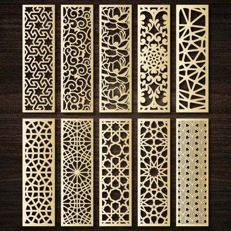 Laser cut decorative panels: wall art & screens.  Patterned panels, perfect for DIY projects! 60x200mm templates in SVG, DXF, CDR, more.  Use with Cricut, Silhouette, CNC. #lasercut #wallart #decor #diy #templates #svg #dxf #cricut #silhouette Laser Cut Panels Interior Design, Cnc Design Pattern, Cnc Grill Design, Modern Steel Gate Design, Sliding Partition, Wall Screen, Cnc Pattern, Decorative Screen Panels, Laser Cut Screens