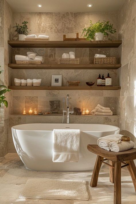 Cottage Spa Bathroom, Day Spa Bathroom Ideas, Relaxing Small Bathroom Ideas, Spa Feeling Bathroom, Spa Like Home Interior Design, Spa Bathroom At Home, Light Colored Bathrooms, Cozy Shower Ideas, Earthy Bathroom Design