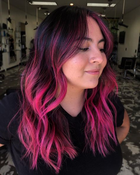 19 Hottest Black Hair with Highlights Trending in 2021 Dyed Hair Not Roots, Pops Of Color Hair Brunette, Black With Pink Money Piece, Vivid Underneath Hair, Brown Hair With Vivid Color, Hair Color Pink And Black, Hot Pink Highlights In Black Hair, Hot Pink Hair Streaks, Fun Balayage Hair