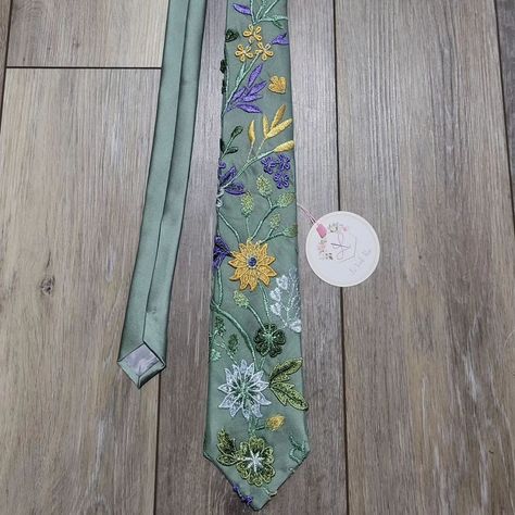 FLORAL TIES 🌿 Abby found my Lennox Ties on Etsy and asked if I could make one to match the lace on her wedding dress. I had this floral lace in my inventory a while back, so I knew immediately that we could make her vision come to life. The lace comes on a green tulle, which blends perfectly with my sage satin tie. 👌 https://lavoilerose.etsy.com #neckties #custom #handmade #veils #sewing #floral #wedding ##brideandgroom #style #etsy #embroidery Tie Embroidery, Floral Ties, Kutch Embroidery, Etsy Embroidery, Floral Veil, Secret Closet, Embroidered Tie, Flower Tie, Collection Ideas