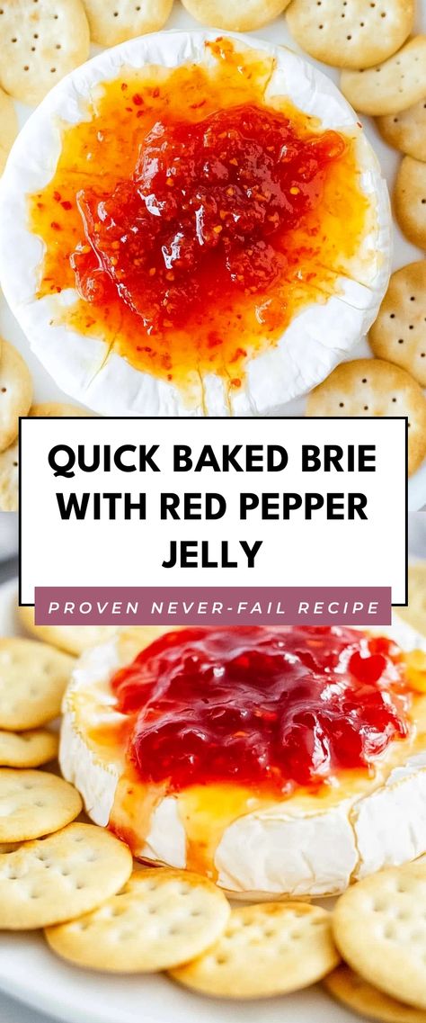 Image for Quick Baked Brie with Red Pepper Jelly Brie With Raspberry Jam, Brie Cheese Recipes Red Pepper Jelly, Red Pepper Jelly Goat Cheese Dip, Brie And Red Pepper Jelly Baked, Brie With Hot Pepper Jelly, Boursin Cheese Red Pepper Jelly, Baked Brie With Red Pepper Jelly, Baked Brie With Raspberry Jam, Baked Brie Pepper Jelly