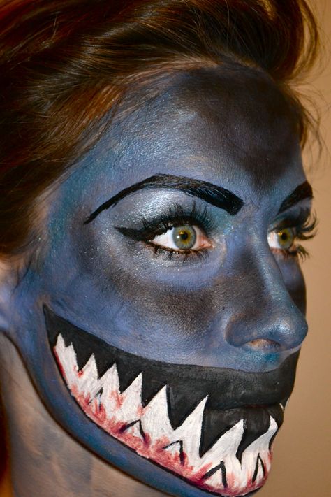 Shark Makeup Halloween, Shark Face Paint, Shark Makeup, Cheetah Face Paint, Monster Face Painting, Mermaid Face Paint, Skeleton Face Paint, Pumpkin Face Paint, Creepy Doll Halloween