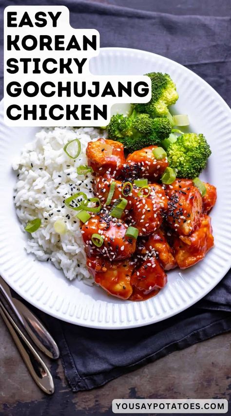 Korean Gochujang Chicken is a quick and easy dinner with tender chicken in a sticky gochujang sauce. It's bold, flavorful and delicious. Gojuchang Chicken, Korean Gochujang Chicken, Gochujang Chicken, Gochujang Sauce, Korean Chicken, Chinese Cooking Recipes, Korean Recipes, Quick And Easy Dinner, Tender Chicken