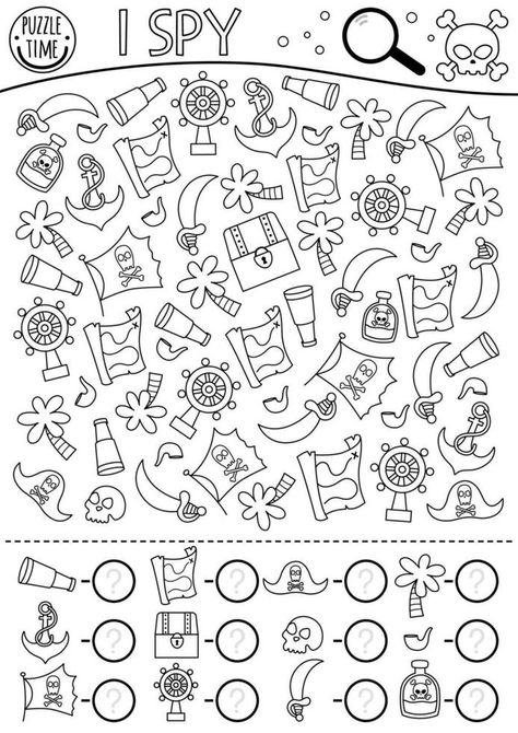 Pirate black and white I spy game for kids. Searching and counting activity with pirate accessories and symbols. Treasure island hunt coloring page. Simple sea adventure spotting worksheet Pirate Color By Number, Pirate Activities For Kids, Pirate Games For Kids, Pirate Worksheets, Pirates Activities, Pirate Activity, Pirate Words, Fun Printables For Kids, Spy Games For Kids