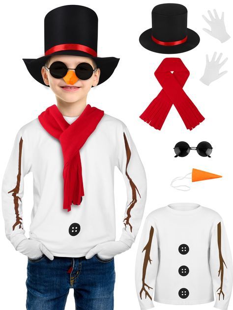 PRICES MAY VARY. Lovely snowman costume kit: our Christmas party snowman costume kit set includes 1 piece of snowman long-sleeved T-shirt, 1 piece of black snowman hat with a red ribbon, 1 piece of red scarf, 1 piece of snowman carrot nose, 1 piece of toy pipe, 1 pair of glasses, and 1 pair of white gloves, sufficient accessories for your snowman character performance Size information: there are 5 various sizes of our long-sleeved T-shirt, please check the size chart when you need it according to your height, hat scarf gloves nose using the average size, which is suitable for most people to wear Safe materials: our long-sleeved T-shirt is made of high-quality cotton fabric, safe and soft to wear, the scarf is made of double-sided velvet, the gloves are also made of soft fabric, and the hat Snowman Dress Up Day At School, Snowman Day At School Outfit, Snowman Costume Kids, Frosty Costume, Snowman Carrot Nose, Diy Christmas Costumes, Christmas Character Costumes, Winter Jam, Diy Elf