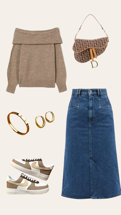 autumn, outfit, outfit inspo, heels, watch, bracelet, green, black, orange, purple, blue, navy, satin, designer, modest, handbag, jumper, jeans, khaleeji, summer. denim skirts. jean skirts. Denim Skirt Jumper Outfit, Skirt Jumper Outfit Denim, Long Denim Skirt Autumn Outfit, Denim Maxi Skirt Autumn, Denim Jumper Skirt, Relaxed Mid-rise Denim Blue Skirt, Skirt Jumper, Jumper Outfit, Denim Skirt Outfits