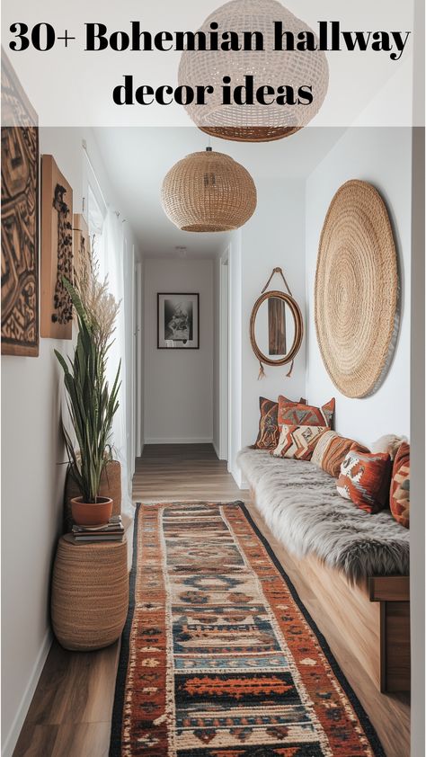 A Bohemian hallway with earthy textures, vibrant patterns, a rattan light fixture, houseplants, and natural wood elements for a cozy yet eclectic vibe. Boho Modern Aesthetic, Earthy Hallway, Boho Entryway Ideas, Boho Hallway Decor, Boho Chic Entryway, Small Hallway Decor, Eclectic Hallway, Unique Hallway, Hallways Ideas