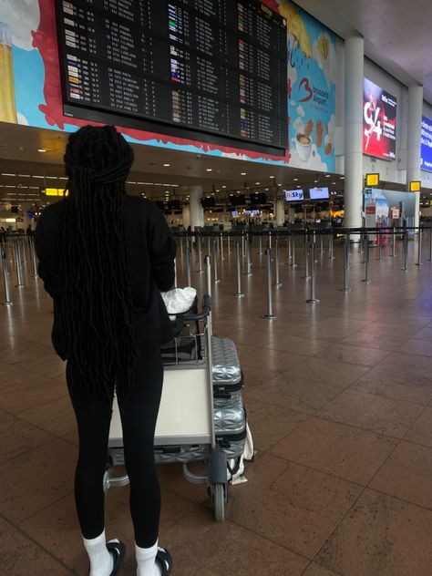 Airport black girl black outfit white socks Airport Aesthetic Black Women, Airport Flicks, Travel Aesthetic Black Women, Instagram Recreate, Solo Travel Aesthetic, Jamaica Airport, Vacay Aesthetic, Moodboard Wallpaper, Vision Board Pics