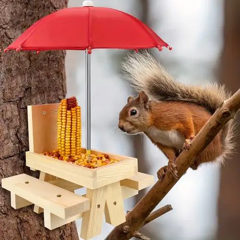 Squirrel Picnic Table Feeder, Squirrel Picnic Table, Squirrel Feeders, Pet Feeding Station, Table With Umbrella, Wooden Picnic Tables, Squirrel Feeder, Corn Cob, Umbrella Cover