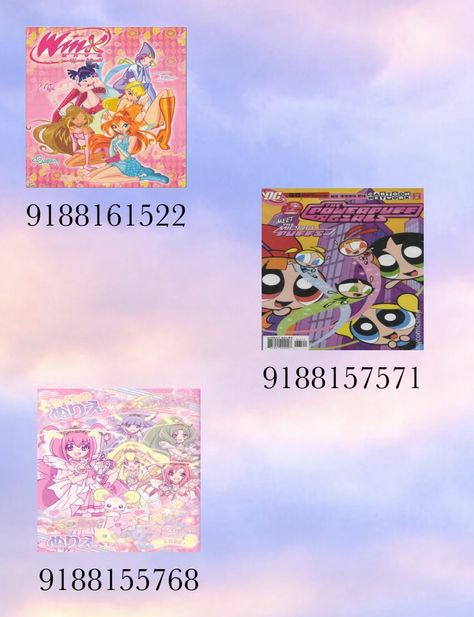 the first decal is of the show winx showing all of the characters sitting together, the code is 9188161522. the next decal is the powerpuff girls all together flying around a building as well as on the sides of the image smiling, the code is 9188157571. the last poster is of a magical girl anime show, it's pastel and all of the characters have fluffy dresses on and pastel colored hair, the code is 9188155768. Berry Avenue Codes For Posters, Roblox Poster Codes Pink, Cute Roblox Decals Codes, Bloxburg Comic Decals, Anime Poster Decals Bloxburg, Roblox Poster Codes Anime, Cutecore Bloxburg Decals, Anime Codes Bloxburg, Berry Avenue Codes Pictures Anime