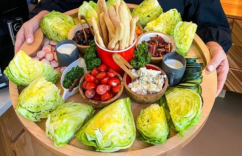 Deconstructed Wedge Salad, Wedge Salad Platter For A Crowd, Fancy Wedge Salad, Italian Wedge Salad, Wedge Salad Board Ideas, Mini Wedge Salad Appetizers, Wedge Salad Dip, Best Wedge Salad Recipe, Steak Wedge Salad