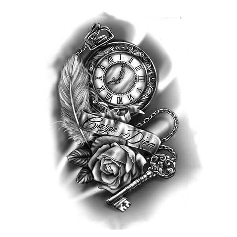 Respect The Past Create The Future, Respect The Past Create The Future Tattoo, Clock Tattoo Designs, Clock And Rose Tattoo, Tatuaje Trash Polka, Watch Tattoo Design, Tattoo Painting, Clock Tattoo Design, Feather Tattoo Design