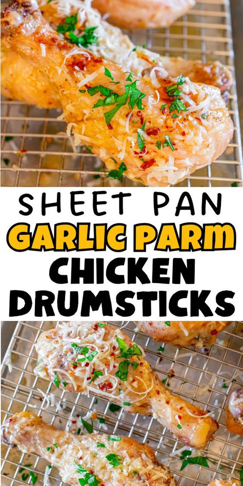 Garlic parm chicken drumsticks on a sheet pan Sheet Pan Chicken Drumsticks, Easy Drumstick Recipes, Drumstick Recipes Oven, Chicken Drumsticks Recipe, Drumsticks Recipe, Chicken With Potatoes, Honey Garlic Pork Chops, Baked Chicken Drumsticks, Yummy Bites