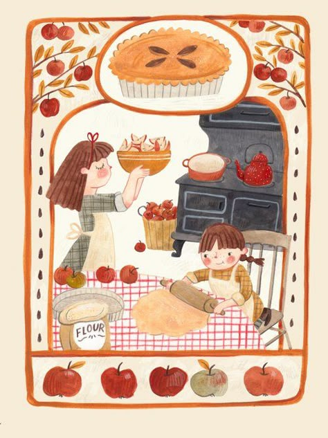 Julianna Swaney Tiny Illustrations, Pie Drawing, Cook Illustration, Making Apple Pie, Time Illustration, Apple Illustration, Cozy Cottagecore, Chinese Recipe, Anime Foods