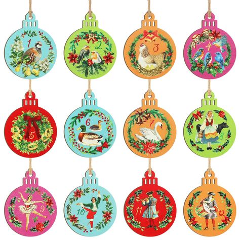 PRICES MAY VARY. Christmas Additions: you will get 12 pieces of 12 days of Christmas ornaments in 12 different kinds of patterns, featuring images of a verse of the twelve days of Christmas song, sufficient quantities and beautiful patterns can meet your decoration needs on Christmas Quality Wood Material: the 12 days of Christmas ornaments craft are made of quality wood material with fine printings and ropes, and the wood pieces are naturally dried, being polished to give a smooth surface witho 12 Days Of Christmas Art, 12 Days Of Christmas Ornaments, Christmas Addition, German Christmas Ornaments, Hanging Christmas Tree, Twelve Days Of Christmas, German Christmas, Wooden Christmas Ornaments, Wooden Ornament