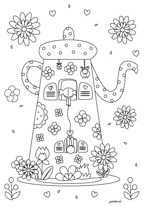 A fairy tale house, shaped like a teapot - JustColor.net : Free adult printable coloring pages Tea Coloring Pages, Tea Party Bday, Painting Date, Pop Art Tattoos, Colour Pages, House Flowers, Coloring Book Ideas, Art Coloring Pages, Birthday Freebies