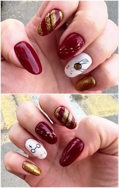 Harry Potter Nail Art Gryffindor, Gryffindor Nails Acrylic, Gryffindor Nails Harry Potter, Grifindor Nails, Simple Harry Potter Nails Gryffindor, Harry Potter Gryffindor Nails, Harry Potter Nails Designs Gryffindor, Gryffindor Nail Art, Harry Potter Nails Gryffindor