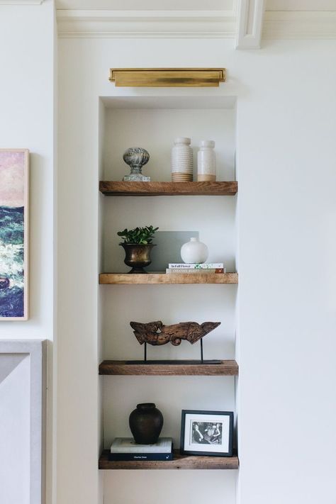 Niche Design Modern, Jean Stoffer Design, Niche Decor, Jean Stoffer, Recessed Shelves, Antique Brass Lighting, Upstairs Hallway, Wall Niche, Brass Lighting