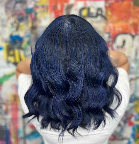 Black Swan Hair, Blue Balayage Hair, Black Hair With Blue Highlights, Blue Black Hair Dye, Black Hair Color Ideas, Blue Balayage, Icy Blue Hair, Royal Blue Hair, Blue Black Hair Color