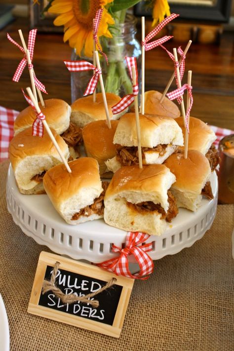 Williams sanoma Pulled pork sliders! Barbecue Baby Shower, Bbq Sliders, Bbq Theme, Baby Q Shower, Pulled Pork Sliders, Cowboy Baby Shower, Pork Sliders, Couples Baby Showers, Baby Shower Bbq