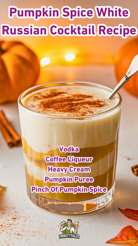 "Indulge in the cozy flavors of fall with this Pumpkin Spice White Russian Cocktail recipe! Perfect for autumn gatherings, this easy cocktail recipe combines the creamy richness of a classic White Russian with the warm spices of pumpkin. Elevate your seasonal cocktails with this delightful pumpkin spice cocktail that’s sure to impress. Discover more pumpkin spice recipes and enjoy the ultimate fall drinks experience!" Pumpkin Spice White Russian, Pumpkin Spice Recipes, Pumpkin Spice Cocktail, White Russian Recipes, Seasonal Cocktails, White Russian Cocktail, Fall Cocktails Recipes, Pumpkin Spice Recipe, Fall Cocktail